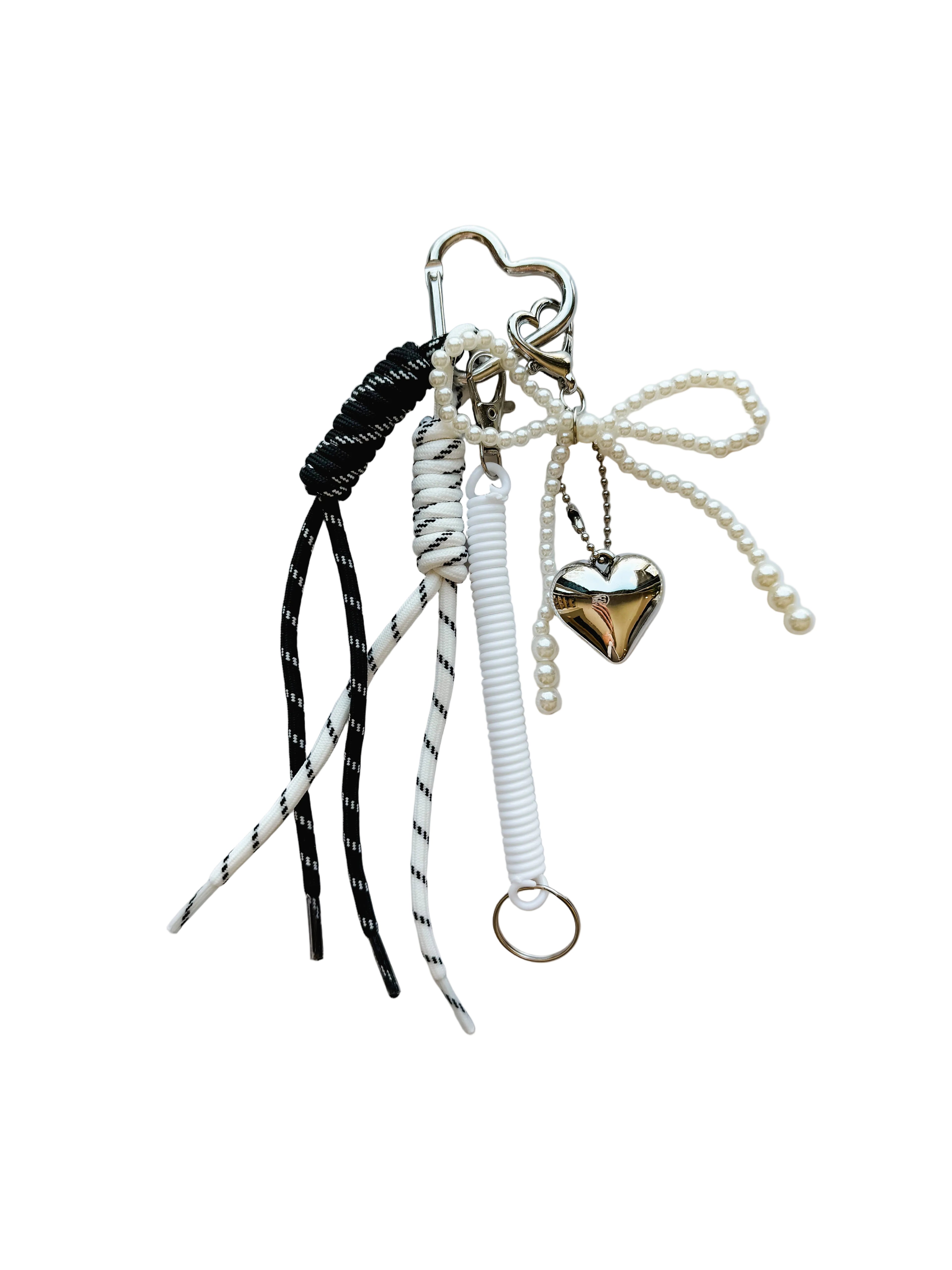 SPORTY CORD PEARL BOW HEART BAG CHARM KEY CHAIN | 40KC159