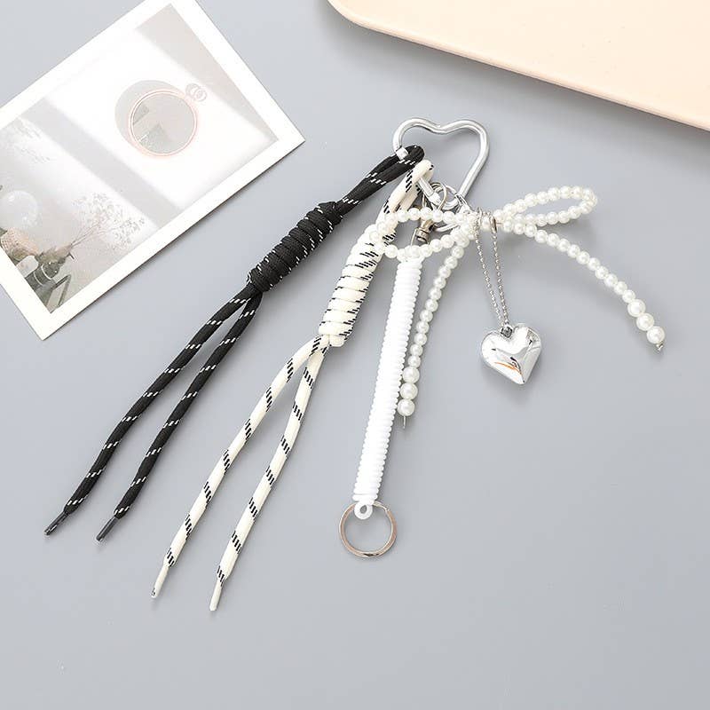 SPORTY CORD PEARL BOW HEART BAG CHARM KEY CHAIN | 40KC159