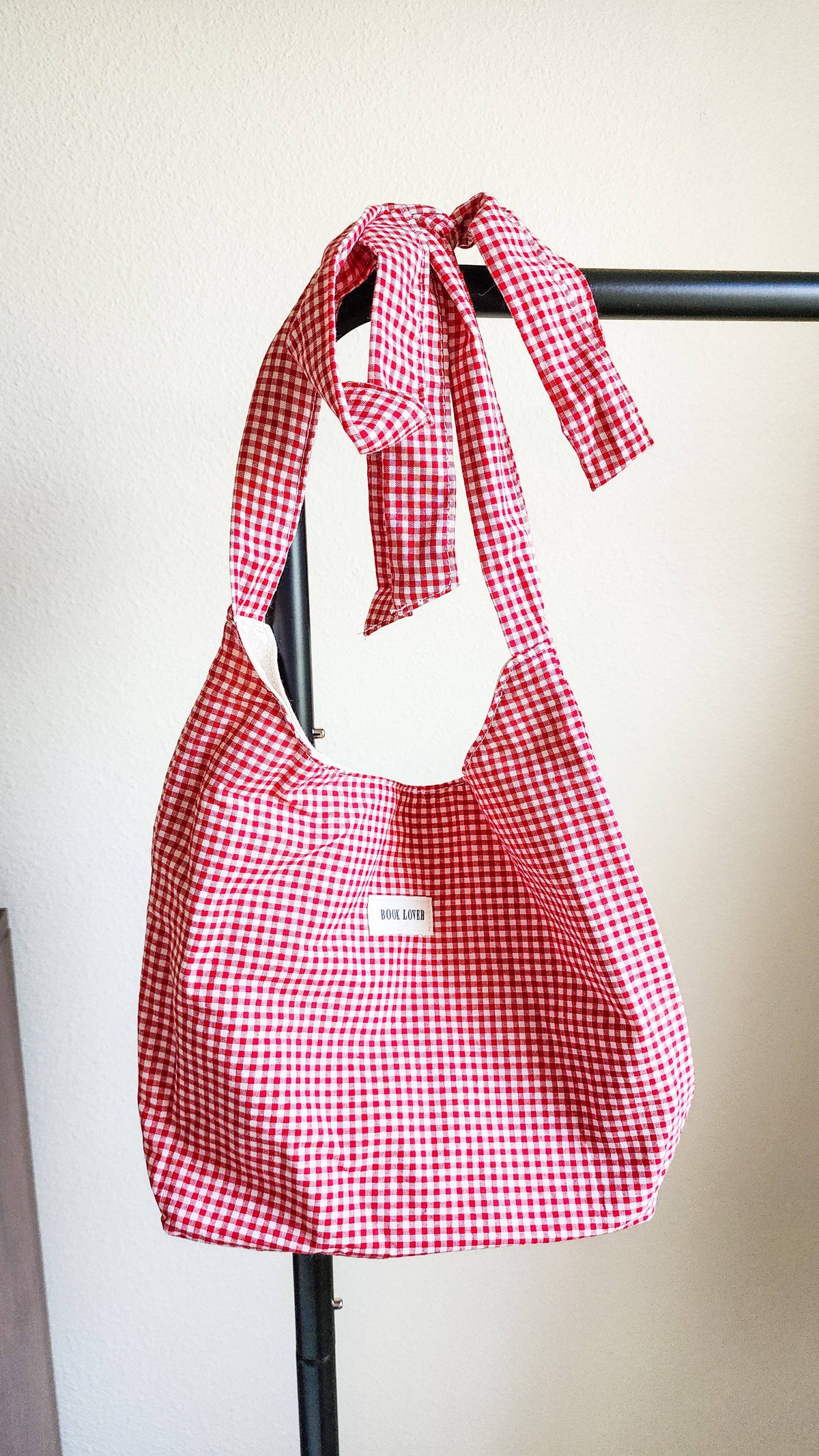 Book Lover Gingham Cotton Tote Bag with Adjustable Strap