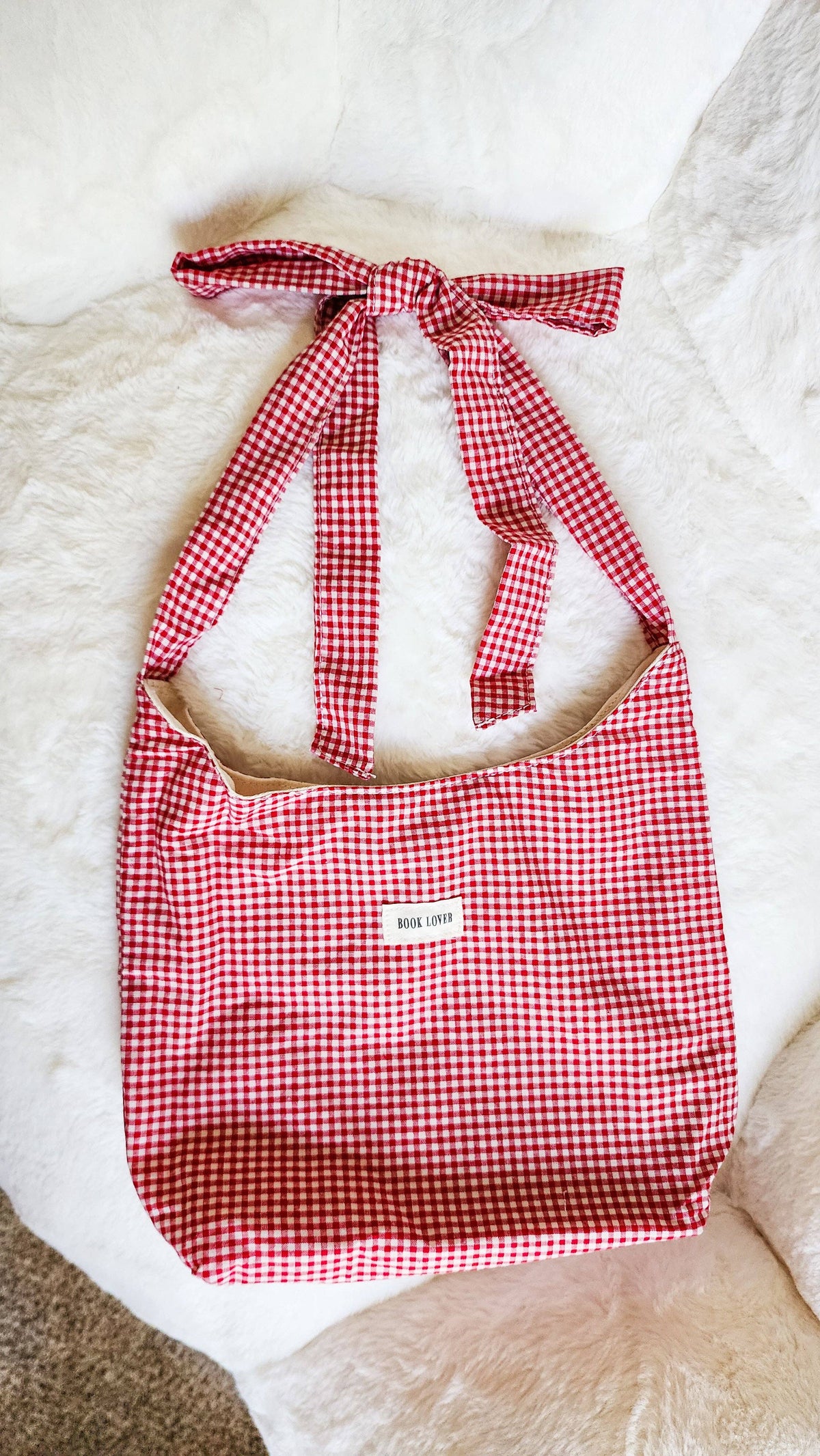 Book Lover Gingham Cotton Tote Bag with Adjustable Strap