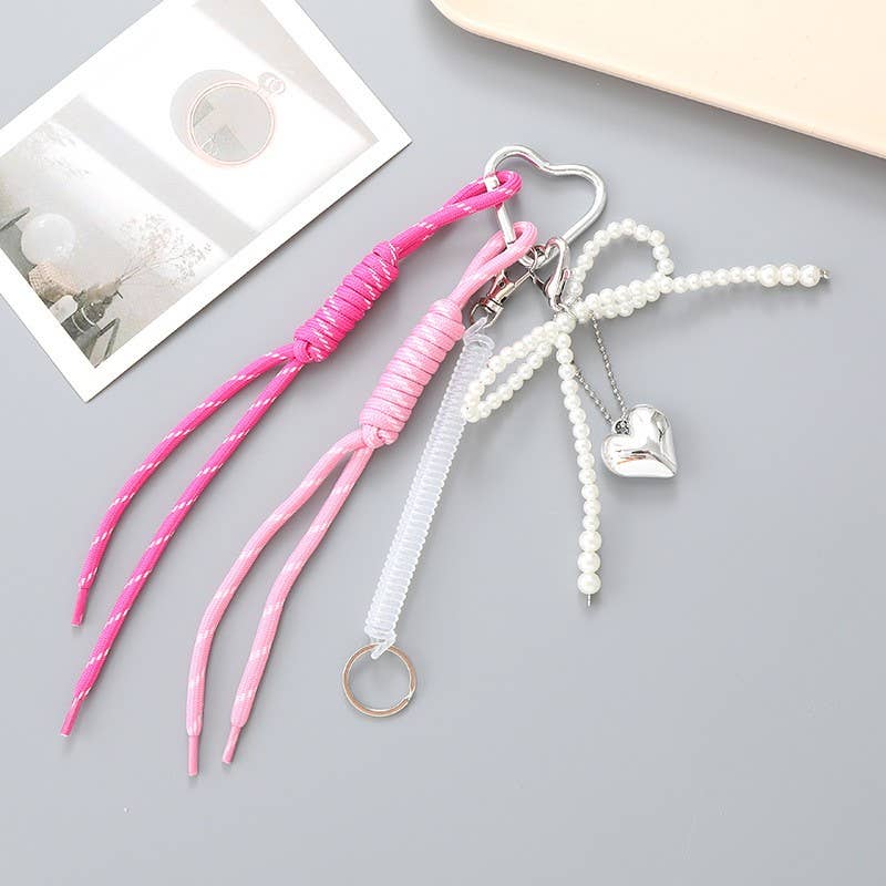 SPORTY CORD PEARL BOW HEART BAG CHARM KEY CHAIN | 40KC159