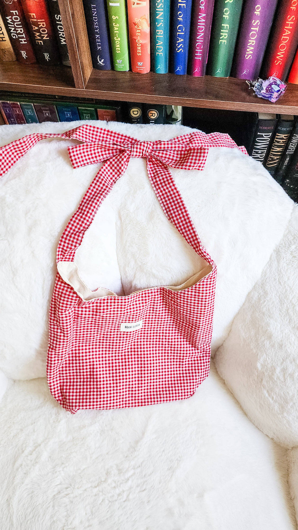 Book Lover Gingham Cotton Tote Bag with Adjustable Strap