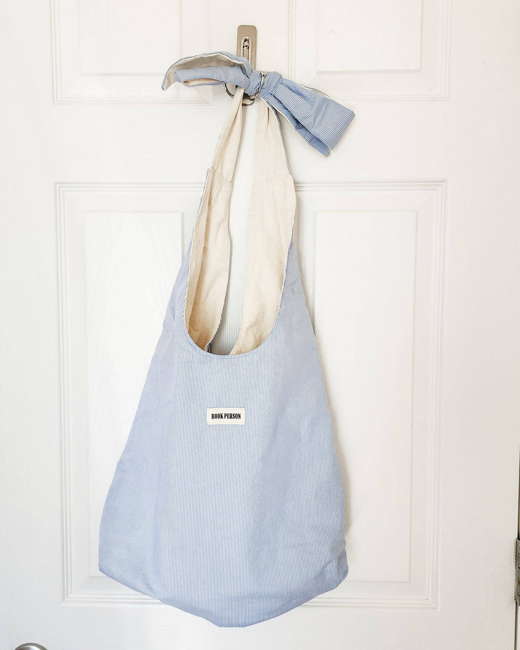 Book Person Blue Striped Extra Large Tote Bag with Bow Knot Handle