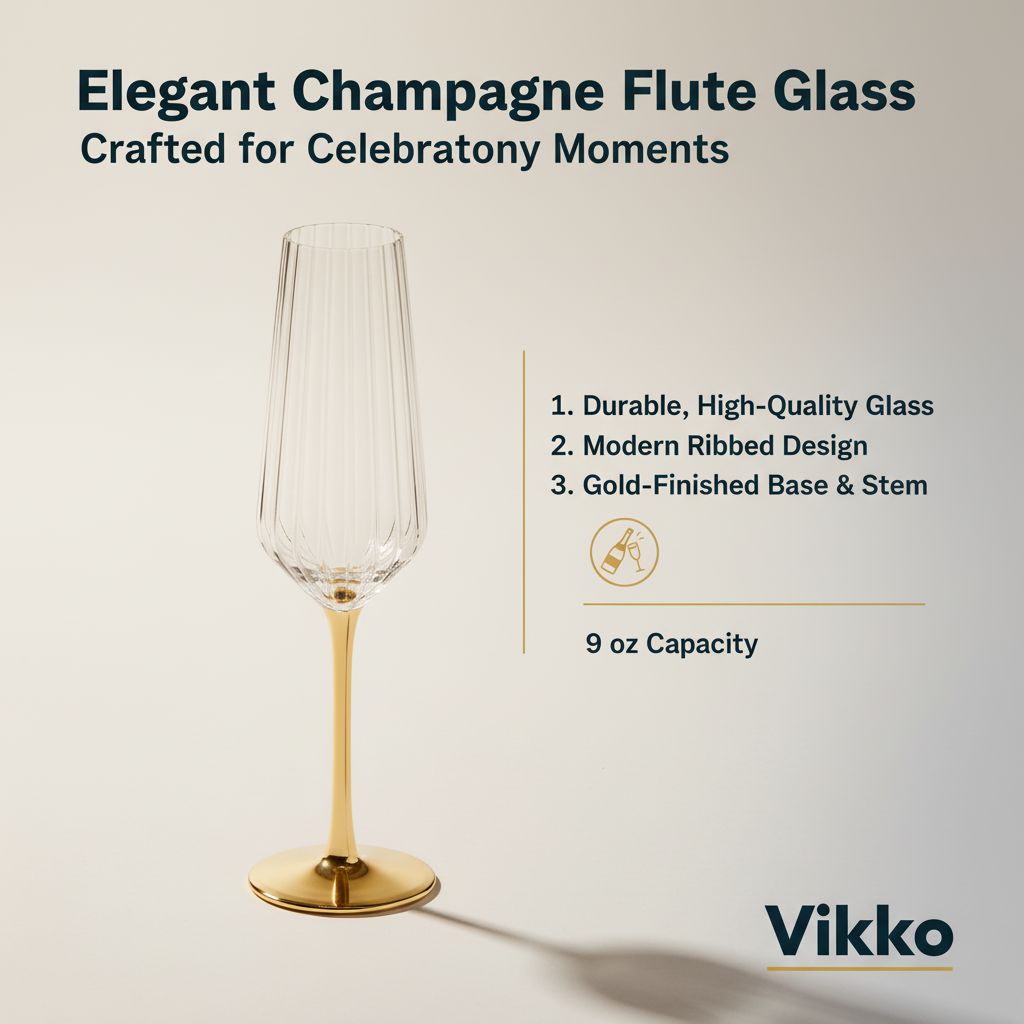 Vikko - Elegant, Champagne Flute Glass, Gold, 9 oz